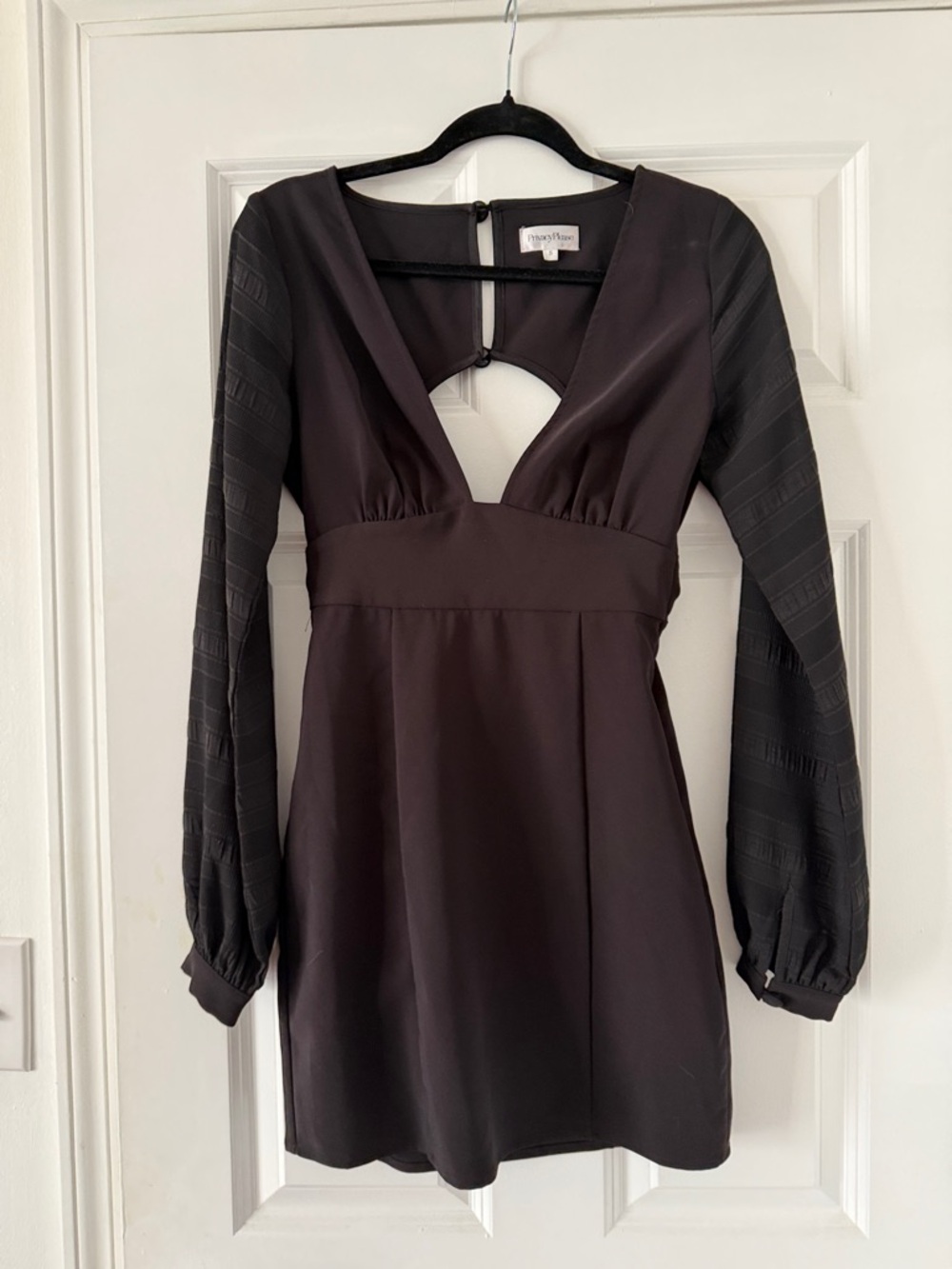 Pencey Deep V Black Long-Sleeve Mini Dress